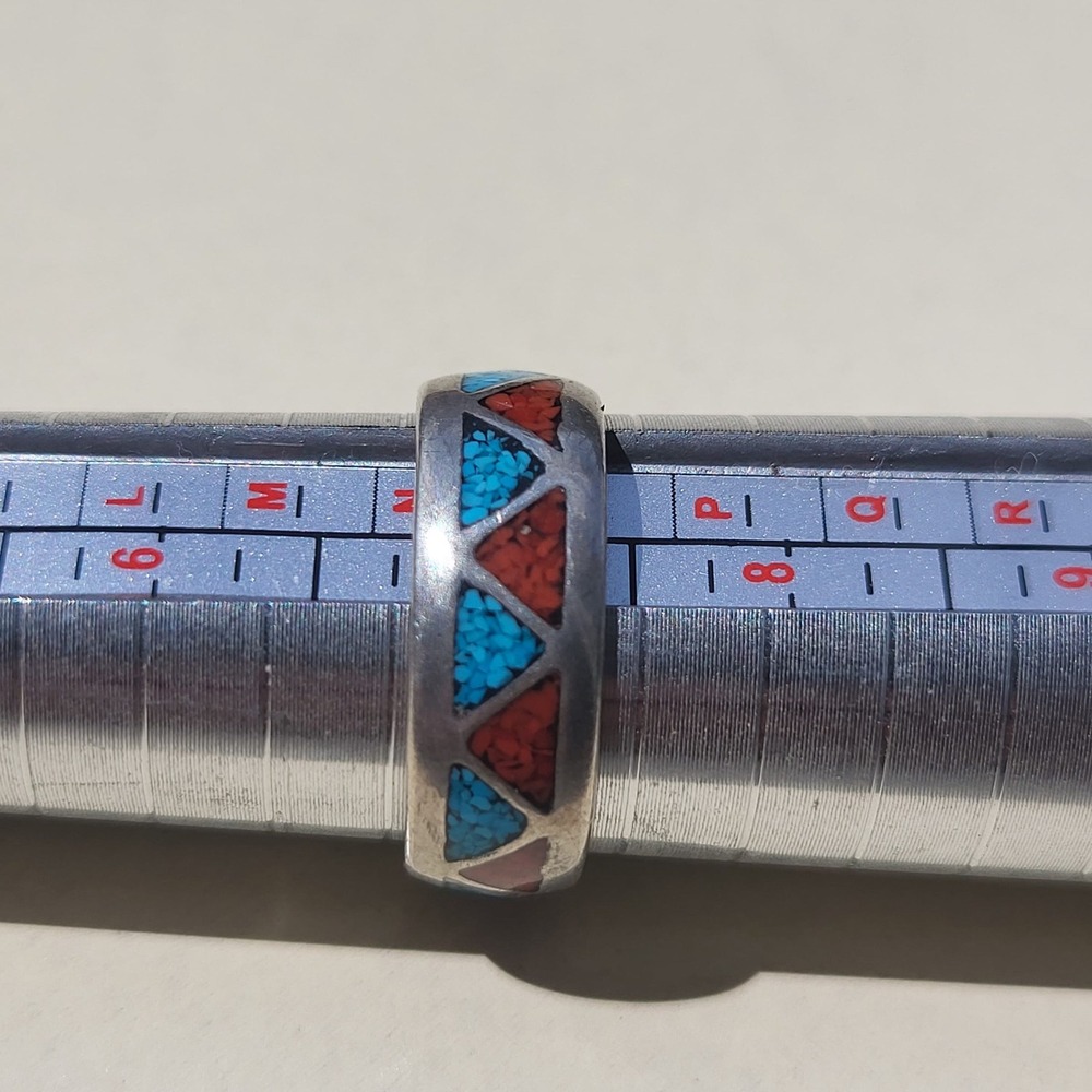 Vintage Sterling Silver Turquoise Coral Inlay Triangle Band Ring Size 7 Blue - Picture 6 of 8